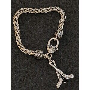 Chain Bracelet Hockey Sticks & Puck Silver Tone Charm Sports Gift